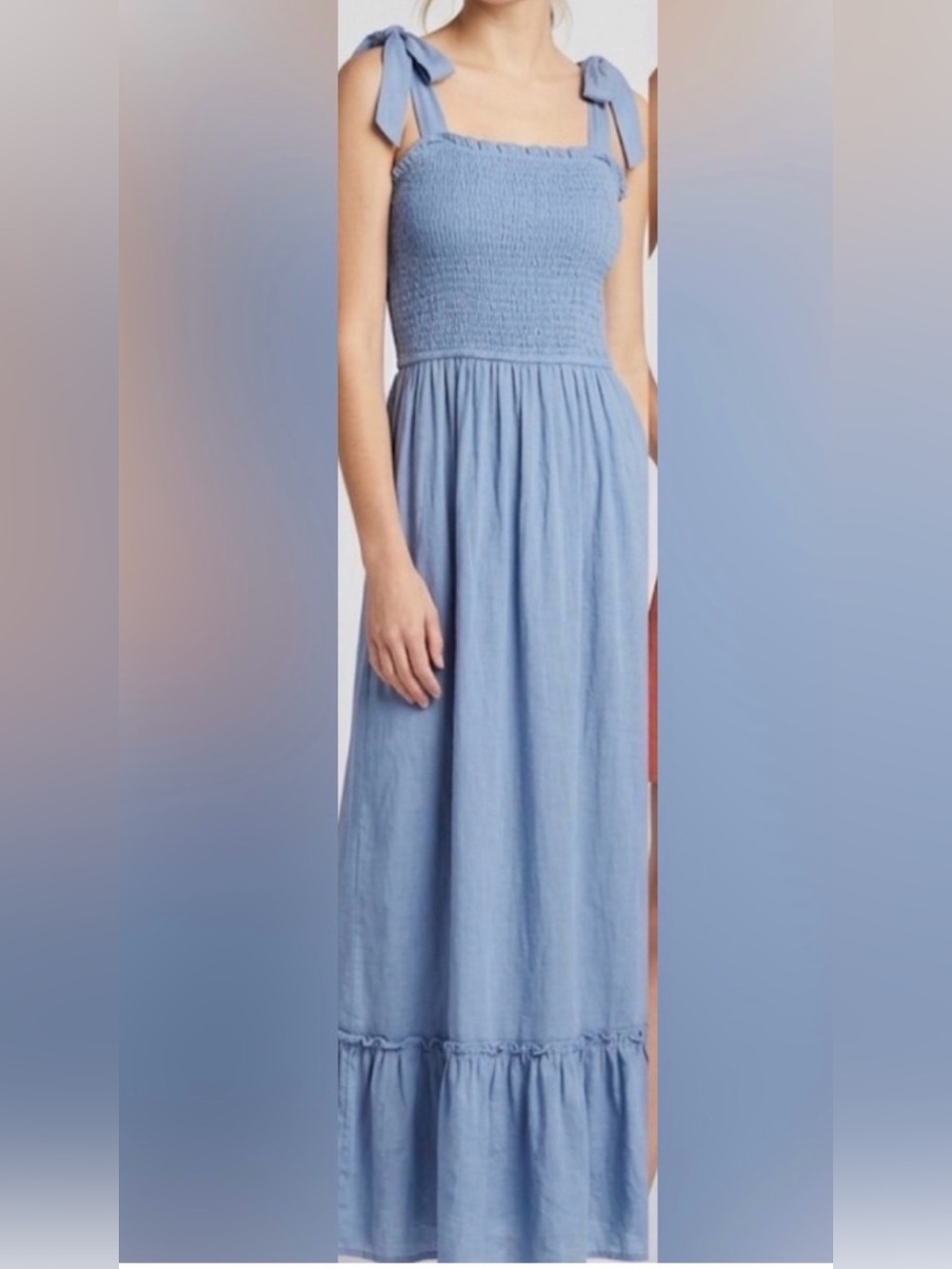 ZESIKA Light Blue Tie-Shoulder Smocked Maxi Dress